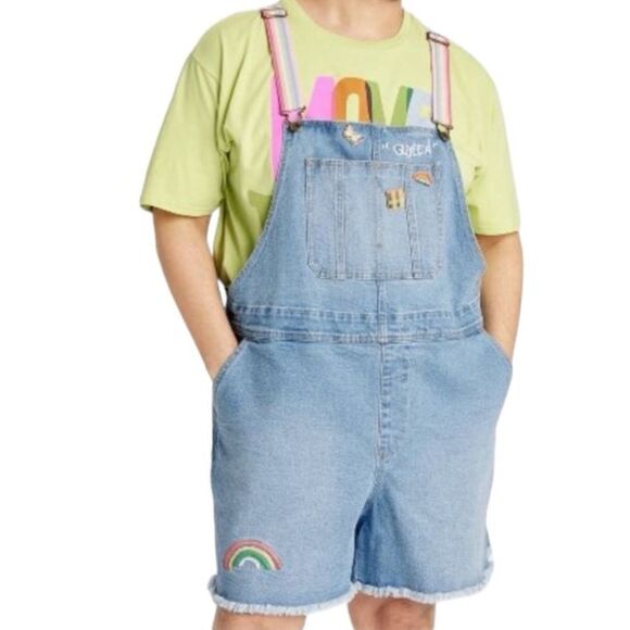 PRIDE SHORTALLS | Take PRIDE Queen Rainbow Patchwork Denim Unisex Shortalls - Picture 2 of 10